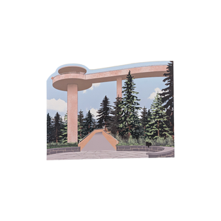 3/4" thick wooden illustration of an architectural structure with trees in the background