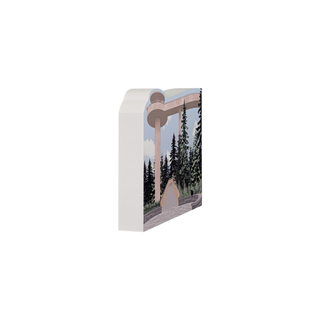 3/4" thick wooden illustration of an architectural structure with trees in the background