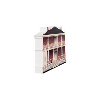 3/4" thick wooden illustration of a two-story house with brick facade and stone foundation on a white background