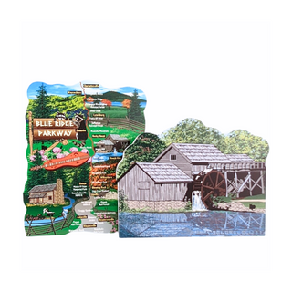 3/4" thick wooden illustration of Blue Ridge Parkway and a mill on a white background