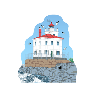 3/4" thick wooden replica with an Illustration of a lighthouse design on a white background
