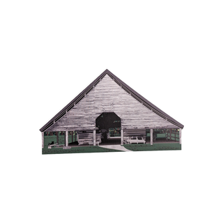 3/4" thick wooden illustration of a barn with a slanted roof on a white background