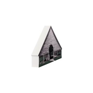 3/4" thick wooden illustration of a barn with a slanted roof on a white background