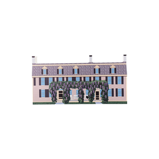 3/4" wooden replica with an illustration of a large house with purple flowers on a white background