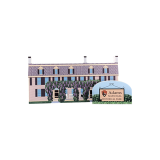 3/4" wooden replica with an illustration of a large brick building with a sign for Adams National Historical Park on a white background