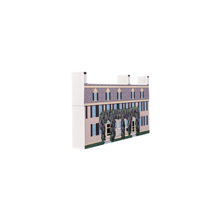 3/4" wooden replica with an illustration of a building with architectural details on a white background