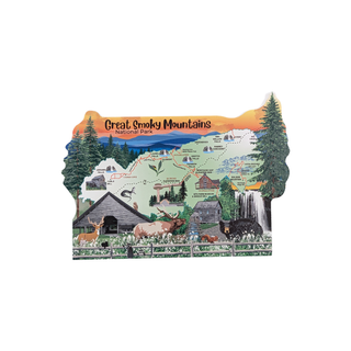 3/4" thick wooden illustration of a Map of Great Smoky Mountains National Park with scenic illustrations on a white background