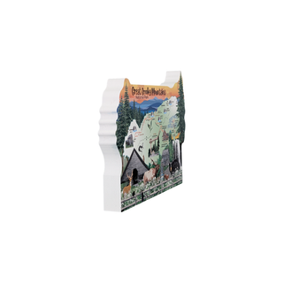 3/4" thick wooden illustration of a Map of Great Smoky Mountains National Park with scenic illustrations on a white background
