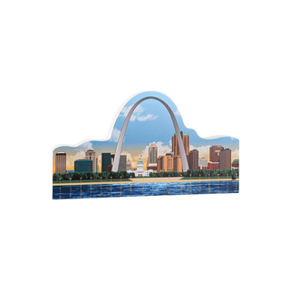 3/4" thick wood Stylized illustration of a city skyline with a prominent arch on a white background