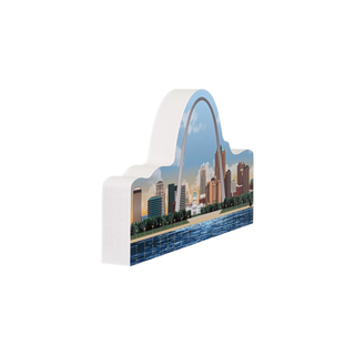 3/4" thick wood Decorative item shaped like the Gateway Arch with a cityscape background on a white background