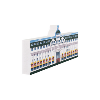 3/4" wooden replica with an illustration of a building with a blue roof and white walls on a white background