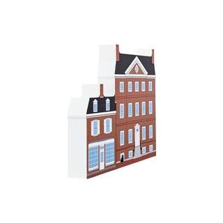 3/4" thick wooden replica with an illustration of a European townhouse with red brick walls, white trim, blue window panes, and a dark gray roof, shown on a plain white background.