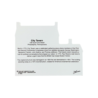 back of product with printed black text about City Tavern in Philadelphia, Pennsylvania, on a plain white background.