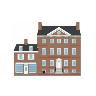 A stylized vwooden replica of a brick building with a main brick-and-mortar structure, a smaller attached wing on the left, a dark gray roof, white trim, and blue-tinted windows, shown on a plain white background.