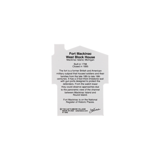 back or product with black text about Fort Mackinac West Block House on a white background