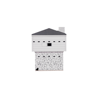 3/4" wooden replica with an illustration of a white and stone watch tower 