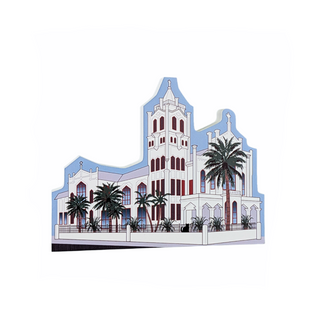 3/4" thick wooden Illustration of a coastal church building with palm trees on a white background