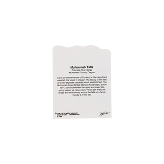 back of a 3/4" wooden replica with text about Multnomah Falls on a white background