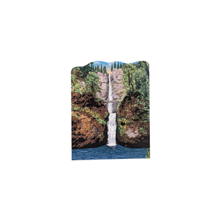 3/4" wooden cut out replica of an illustration of a waterfall surrounded by trees on a white background