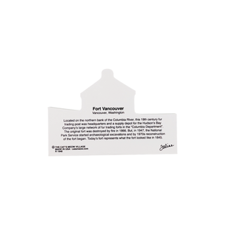 back of replica with black text about Fort Vancouver on a white background