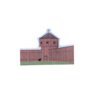 3/4" wooden cut out replica of an illustration of a Wooden fort with a watchtower on a white background
