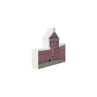 3/4" wooden cut out replica of an illustration of a Wooden fort with a watchtower on a white background