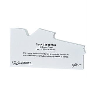 wooden replica back text about Black Cat Tavern on a white background