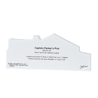 Wooden replica shaped like Captain Parker's Pub with text on a white background
