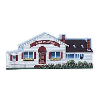 Wooden sign shaped like a house with 'Capt. Parker's' on top, on a white background.