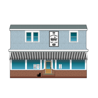 Wooden replica of a two-story building with a sign and striped awning on a white background
