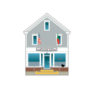 Wooden replica of a bakery named 'Portuguese Bakery' with flags on a white background
