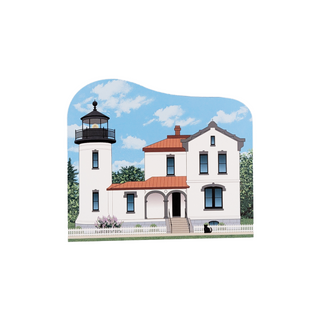 3/4" thick wooden replica with an Illustration of a lighthouse design on a white background
