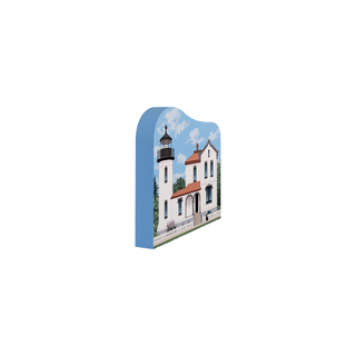 3/4" thick wooden replica with an Illustration of a lighthouse design on a white background