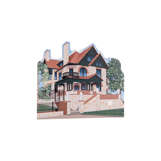 3/4" thick wooden Illustration of a two-story house with a red roof and stone facade.