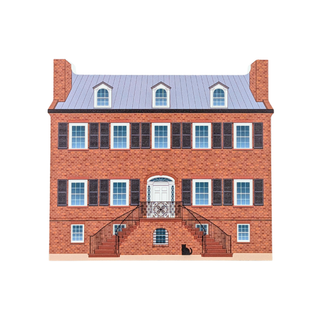 3/4" thick wooden replica with an illustration of a red brick house with a gray metal roof, white trim, black shutters, a white front door, and a staircase leading up the center.
