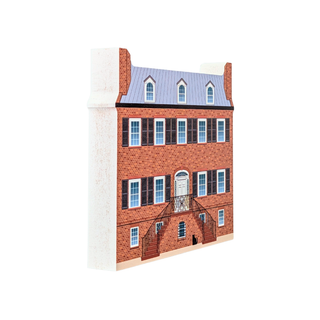 3/4" thick wooden replica with an illustration of a red brick house with a gray-blue roof, black shutters, white trim, and a small front staircase, shown at an angle on a white background.