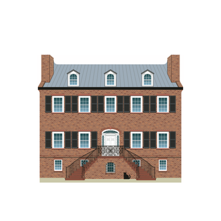 3/4" thick wooden replica with an illustration of a  two-story brick house with white windows and a gray roof.