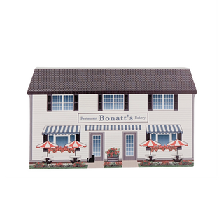 Wooden Model of a building with 'Bonatt's' sign on a white background