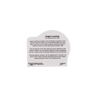 back of product with description about angel's landing in black text on a white background