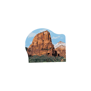 3/4" wooden replica with an illustration of a mountain landscape with blue sky and clouds.