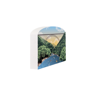 3/4" thick wooden illustration of scenic landscape featuring a river and bridge