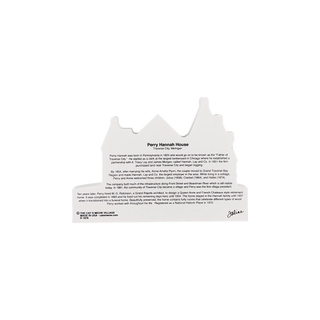 back of product with black text on a white background about the perry hannah house