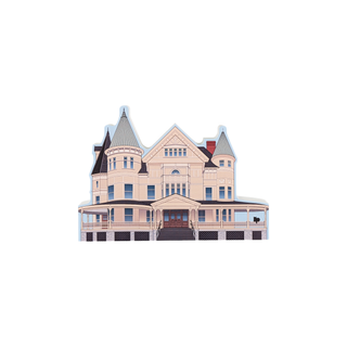 3/4" wooden replica with an illustration of a large, ornate house on a white background