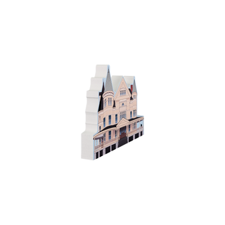 3/4" wooden replica with an illustration of a building with a large white ornate house on a white background