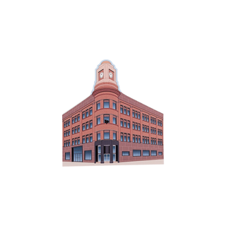 3/4" wooden replica with an illustration Red brick building with a clock tower on a white background