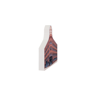 3/4" wooden replica with an illustration of a large brick four story building 