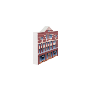 3/4" wooden replica with an illustration of a building with a red brick facade and white roof on a white background
