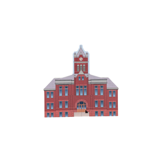 3/4" wooden replica with an illustration of a Red brick building with a clock tower on a white background
