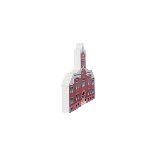 3/4" wooden replica with an illustration of a red brick building with a clock tower on a white background