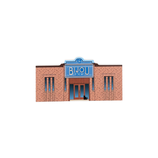 3/4" wooden replica with an illustration of a Brick building with a blue sign reading 'Bou by the Bay' on a white background